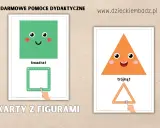 Karty edukacyjne do nauki kształtów: wesoły kwadrat i trójkąt. Dzieci ćwiczą rysowanie figur geometrycznych.