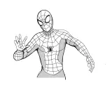 Szkic Spider-Mana w charakterystycznym stroju z pajęczyną i pająkiem na piersi. Bohater unosi dłoń w geście powitania lub ostrzeżenia.