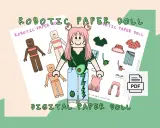 Ilustracja przedstawia cyfrowe papierowe lalki w stylu Roblox z ubraniami i akcesoriami do druku.