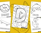 Karta pracy z literą D: donut, deskorolka, delfin, dinozaur i dynia do pokolorowania.