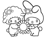 Urocza My Melody i jej przyjaciel baranek pozują z kwiatkiem. Idealna my melody kolorowanka dla dzieci.