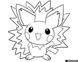 Pichu kolorowanka z iskrzącym tłem. Uroczy Pikachu, gotowy do pokolorowania, macha łapką.