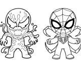 Czarno-biała kolorowanka z uroczymi postaciami: z lewej strony potworny Venom, z prawej Spider-Man. Idealne do pokolorowania!