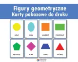 Karty edukacyjne z figurami geometrycznymi: koło, owal, kwadrat, prostokąt, pięciokąt, romb, trapez, trójkąt.