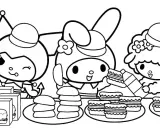 Kuromi kolorowanka: urocze postacie z My Melody i Flat-kun przygotowują pyszne jedzenie.