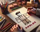 Dziecko tworzy rysunek Roblox, szkicując postać na kartce papieru.