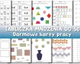 Karty pracy do druku: mnożenie i dzielenie w zakresie 50. Ćwiczenia z tabliczki mnożenia, figur geometrycznych i zadań tekstowych.