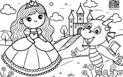Urocza księżniczka i przyjazny smok czekają na pokolorowanie. Ta kolorowanka z rodziną przeniesie Cię do świata bajek.