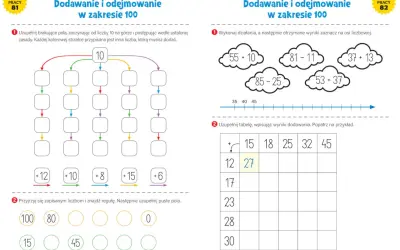 Karta pracy matematyka: zadania z dodawaniem i odejmowaniem w zakresie 100. Uzupełnianie pól, rozwiązywanie działań i tabelki.