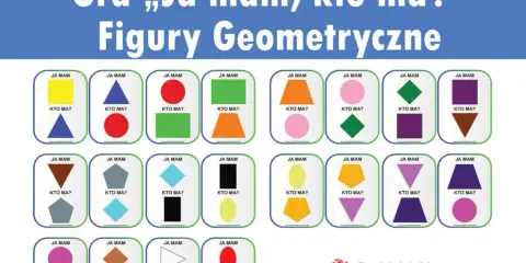 Kolorowe karty z figurami geometrycznymi do gry "Ja mam, kto ma?". Idealne kształty do druku dla dzieci.