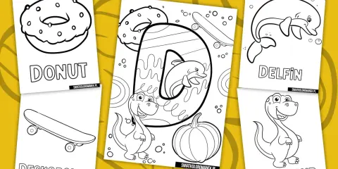 Karta pracy z literą D: donut, deskorolka, delfin, dinozaur i dynia do pokolorowania.