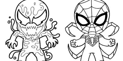 Czarno-biała kolorowanka z uroczymi postaciami: z lewej strony potworny Venom, z prawej Spider-Man. Idealne do pokolorowania!