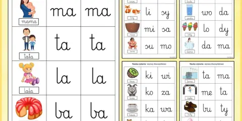 Karta pracy do nauki czytania dwusylabowych wyrazów. Obrazki i sylaby pomagają w nauce czytania.