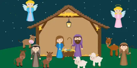 Urocza stajenka do druku z aniołkami, Maryją, Józefem, Dzieciątkiem Jezus, owieczkami, osiołkiem, wielbłądem i wołem.
