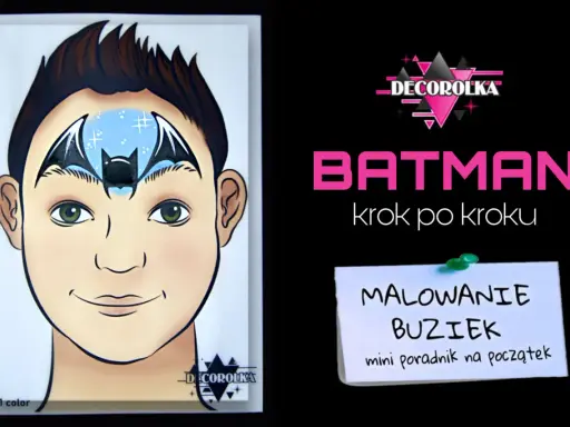 Batman rysunek na czole dziecka, z nietoperzem i gwiazdkami. Obok napis "BATMAN krok po kroku".