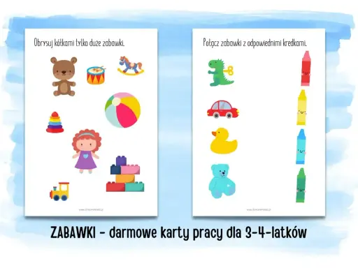 Karty pracy dla dzieci: rysowanie po śladzie zabawek, dopasowywanie ich do kolorowych kredek. Miś, autko, kaczuszka i inne.