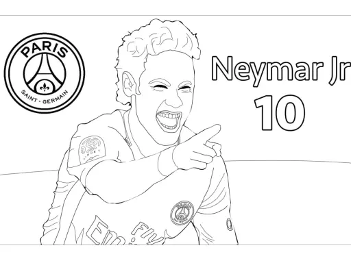 Neymar Jr do druku, z numerem 10 i herbem PSG. Ciesz się kolorowaniem!