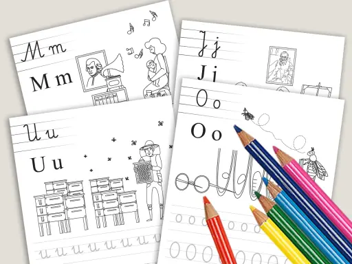 Karta pracy z literą "n" i ilustracjami: pszczoły, ule, muzyka. Kolorowe kredki gotowe do nauki.
