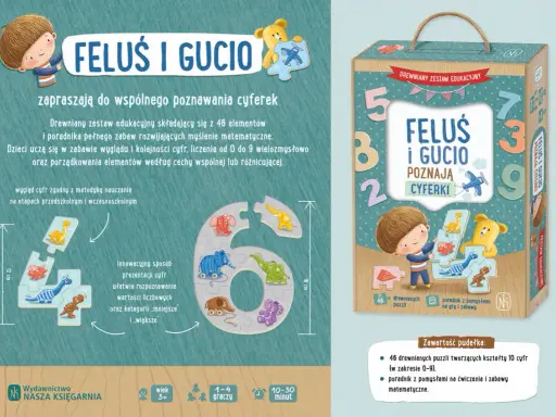 Drewniane puzzle z cyframi dla dzieci. Feluś i Gució zapraszają do nauki liczenia.