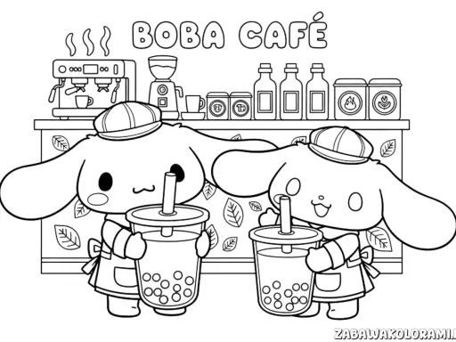 Cinnamoroll kolorowanka: dwa urocze pieski w czapkach i fartuszkach piją bubble tea w Boba Café.