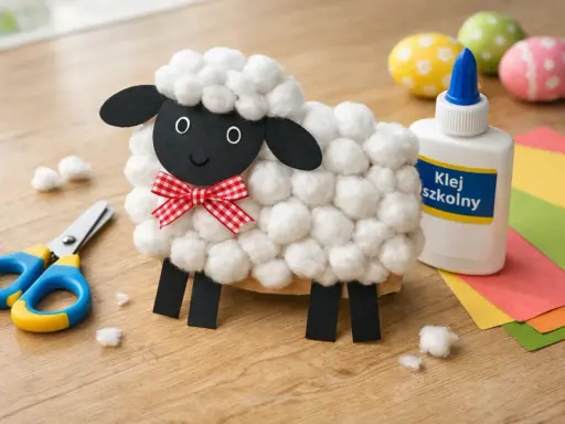 Urocza owieczka z waty, idealna do wielkanocnych rysunków i ozdób. Obok nożyczki, klej i kolorowe papiery.