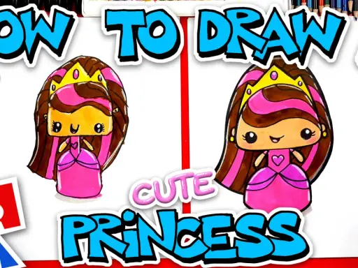 Uroczy rysunek księżniczki w różowej sukience i złotej koronie. Obok napisy "HOW TO DRAW A CUTE PRINCESS".