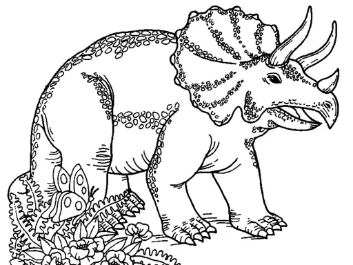 Triceratops kolorowanka z motylem i kwiatami. Dinozaur czeka na kolory!