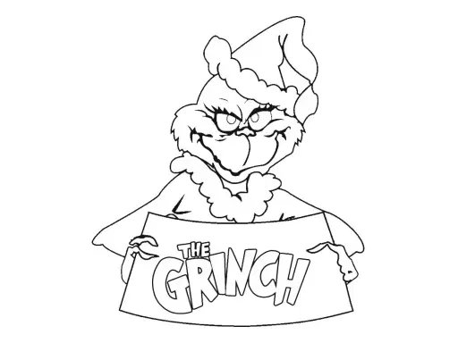 Grinch w czapce Mikołaja trzyma tabliczkę z napisem "The Grinch". Idealna grinch kolorowanka dla dzieci.