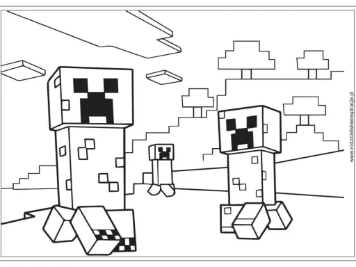 Dwa wielkie i jedno małe creepery z gry Minecraft czekają na pokolorowanie. Te proste minecraft rysunki to świetna zabawa dla fanów.