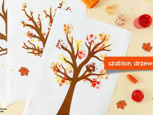 Jesienne drzewo bez liści, szablon do druku, ozdobione kolorowymi odciskami palców. Idealne do kreatywnych zabaw.