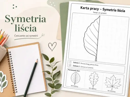 Karta pracy z ćwiczeniem symetrii liścia. Dzieci rysują drugą połowę liścia, ćwicząc oś symetrii.