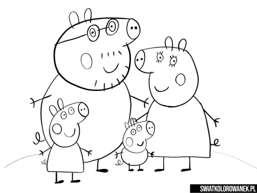Rodzina Świnki Peppy do druku. Tata, mama, Peppa i George czekają na pokolorowanie.
