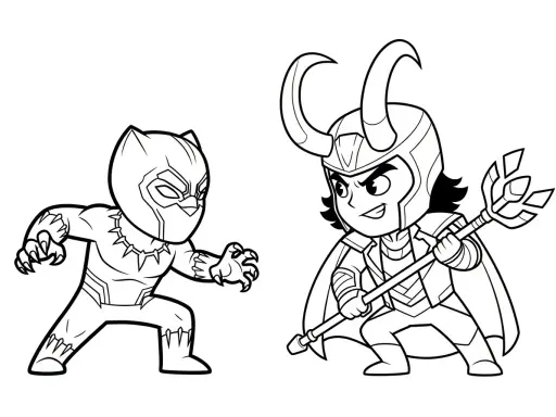 Czarno-biała avengers kolorowanka z Czarną Panterą i Lokim w stylu chibi. Gotowi do walki!
