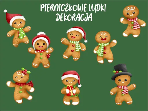 Urocze pierniczki do druku w świątecznych strojach: w czapkach Mikołaja, z szalikami i prezentami.