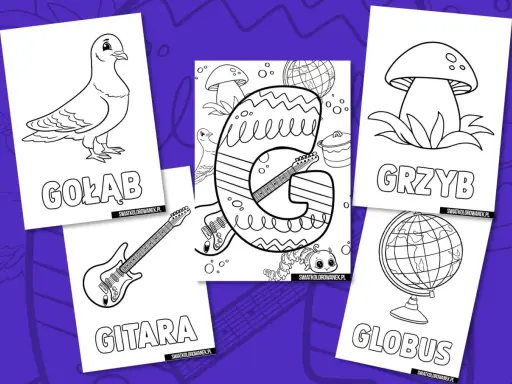 Karty pracy z literą G: gołąb, gitara, grzyb, globus. Kolorowanki dla dzieci.