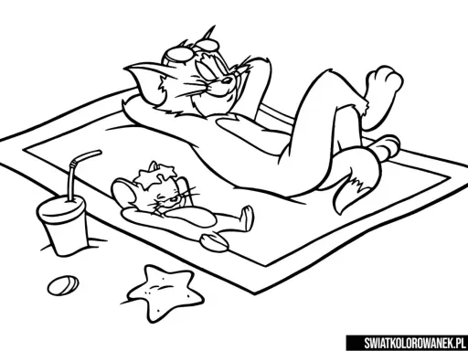 Tom i Jerry kolorowanka: Tom w okularach przeciwsłonecznych wyleguje się na ręczniku, a Jerry leży obok.