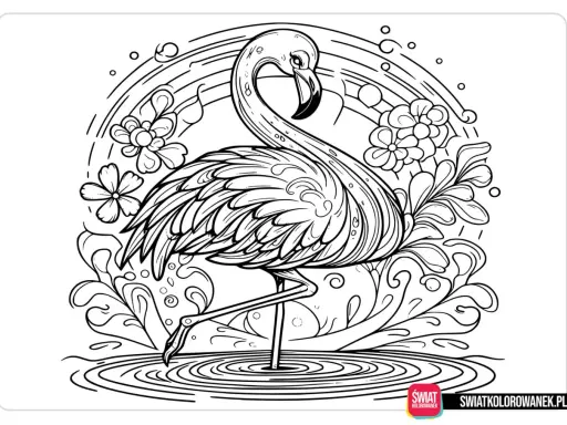 Flamingo na flaming kolorowanka, otoczony tęczą, kwiatami i wodą. Czeka na Twoje kolory!