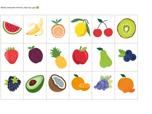 Kolorowe owoce do druku: arbuz, banan, pomarańcza, cytryna, wiśnie, kiwi, truskawka, śliwka, ananas, jabłko, gruszka, borówki, jeżyna, awokado, kokos, mandarynka, winogrona.