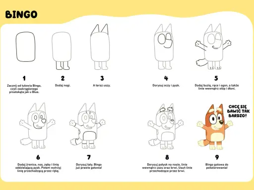 Instrukcja krok po kroku, jak narysować Bingo z serialu Bluey. Bingo gotowa do pokolorowania!
