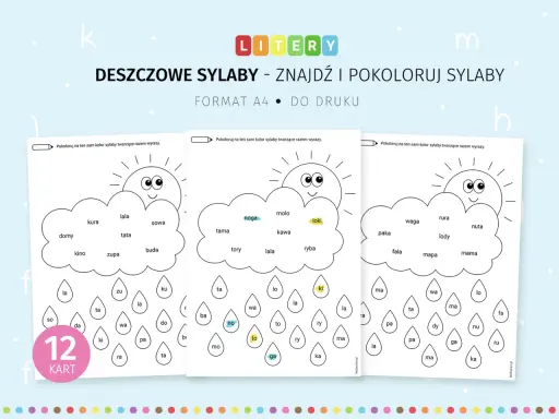 Karty pracy z literami i sylabami do kolorowania. Dzieci łączą sylaby w chmurkach i deszczowych kroplach, tworząc wyrazy.