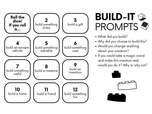 Karty pracy "BUILD-IT PROMPTS" z pomysłami na budowanie: od domu po przyjaciela.