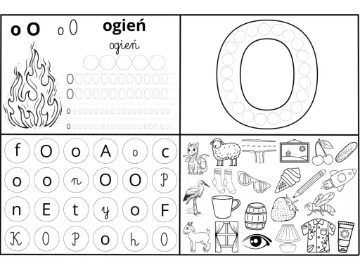 Karta pracy z literą "o" i obrazkami. Ogień, owca, oko, owoce i inne przedmioty do nauki litery "o".