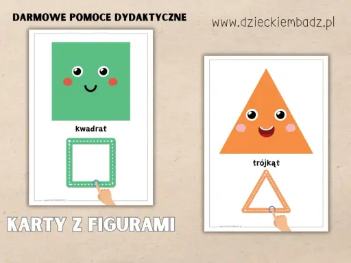 Karty edukacyjne do nauki kształtów: wesoły kwadrat i trójkąt. Dzieci ćwiczą rysowanie figur geometrycznych.