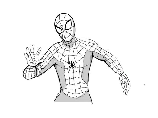 Szkic Spider-Mana w charakterystycznym stroju z pajęczyną i pająkiem na piersi. Bohater unosi dłoń w geście powitania lub ostrzeżenia.