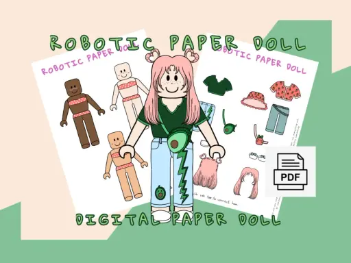 Ilustracja przedstawia cyfrowe papierowe lalki w stylu Roblox z ubraniami i akcesoriami do druku.