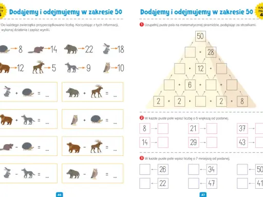 Karty pracy matematyka klasa 3: zadania z dodawaniem i odejmowaniem w zakresie 50, piramida matematyczna i uzupełnianie liczb.