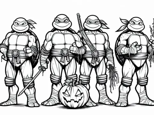 Cztery Żółwie Ninja gotowe do walki, z dynią na Halloween. Idealna żółwie ninja kolorowanka dla fanów!