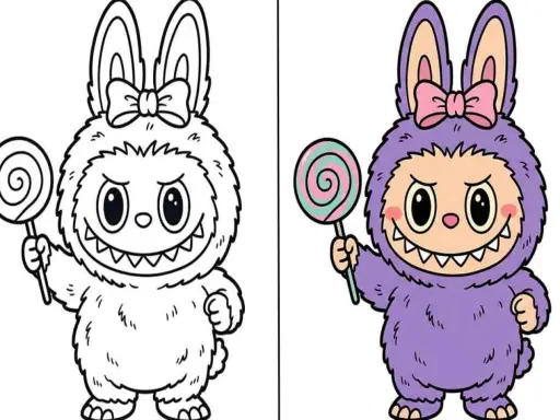 Labubu kolorowanka: uroczy potworek z uszami królika i lizakiem, gotowy do pokolorowania.
