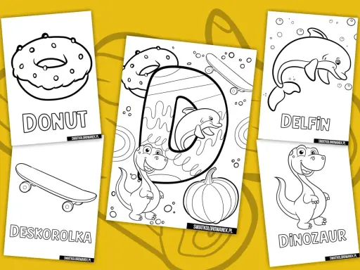 Karta pracy z literą D: donut, deskorolka, delfin, dinozaur i dynia do pokolorowania.