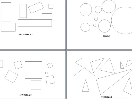 Figury geometryczne klasa 1: prostokąty, koła, kwadraty i trójkąty.